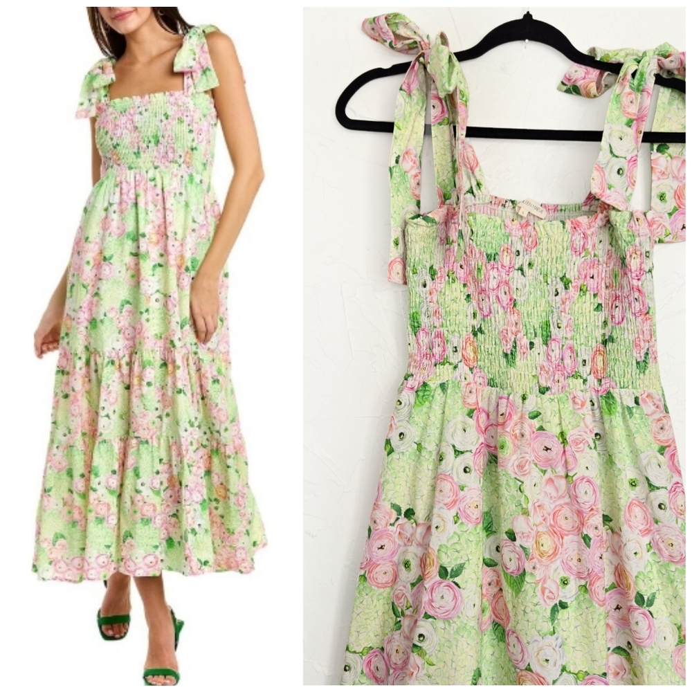 Kathleen Maeve Rose Garden Smocked Tiered Green Pink Dress, S
